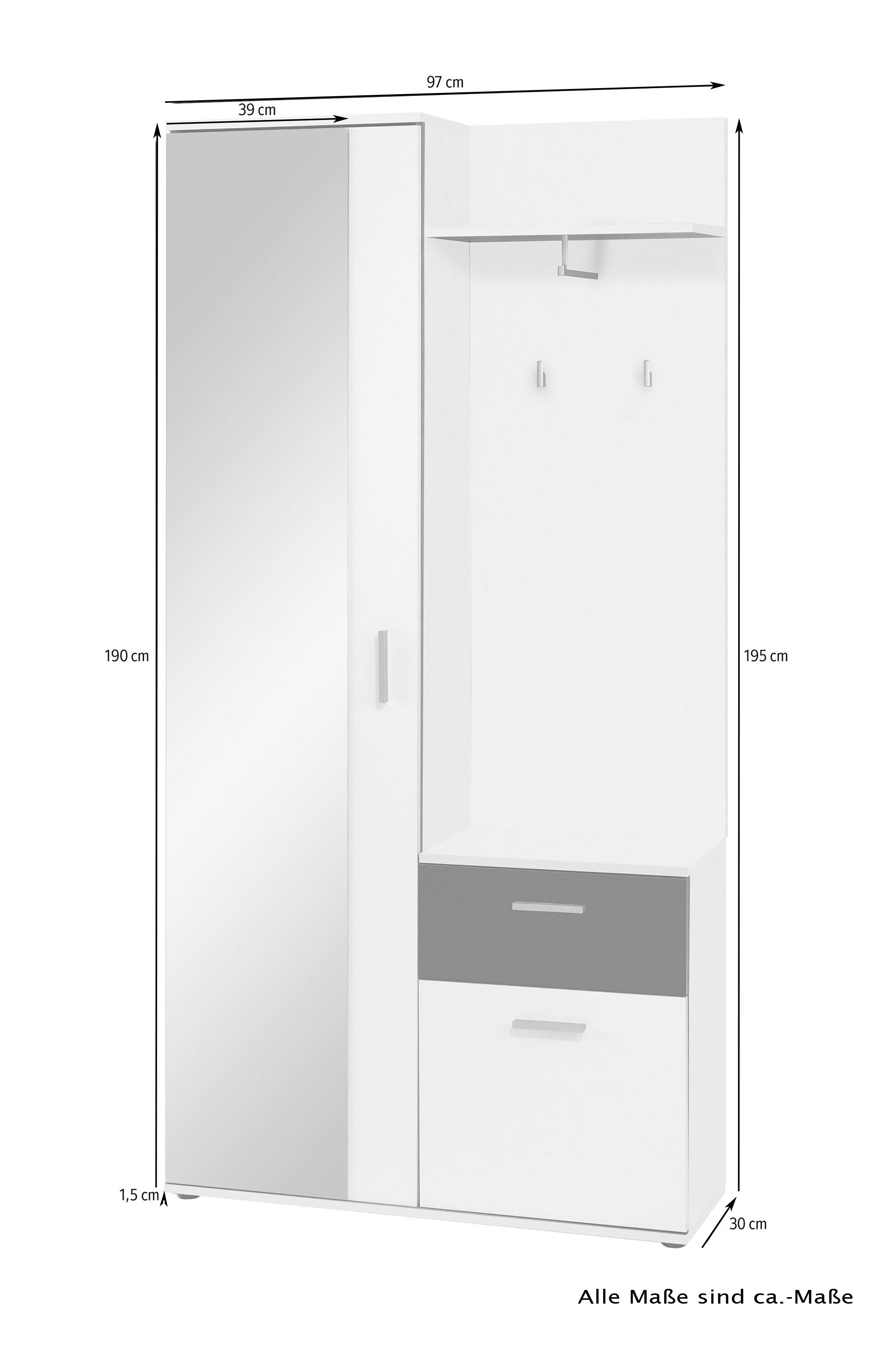 byLIVING Garderobe JAKOB, Breite 97 cm, schwarz/weiß, Spiegel, viel Stauraum