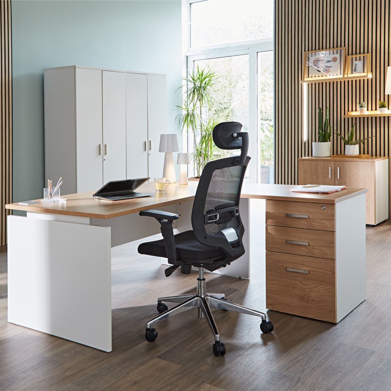 Bureau d'angle L 160 x P 160 cm avec retour suspendu sur caisson positionnable droite/gauche chêne clair Intuitiv'