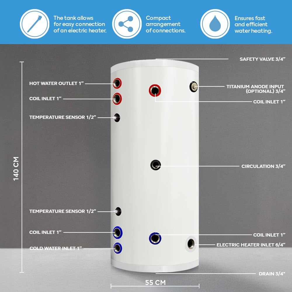 TECHGLOBE - Brauchwasserspeicher mit 2 Wärmetauscher (1.8 + 2.4 m²) - Komplett aus Edelstahl - Energieeffizient Warmwasserspeicher- mit 50mm Isolierung (200 L)