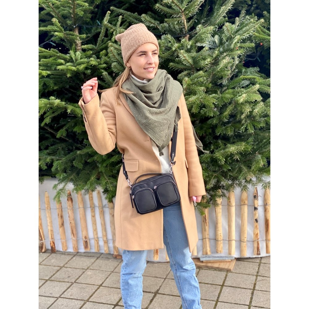 Foulard Pompon Gaze Pois Or Kaki