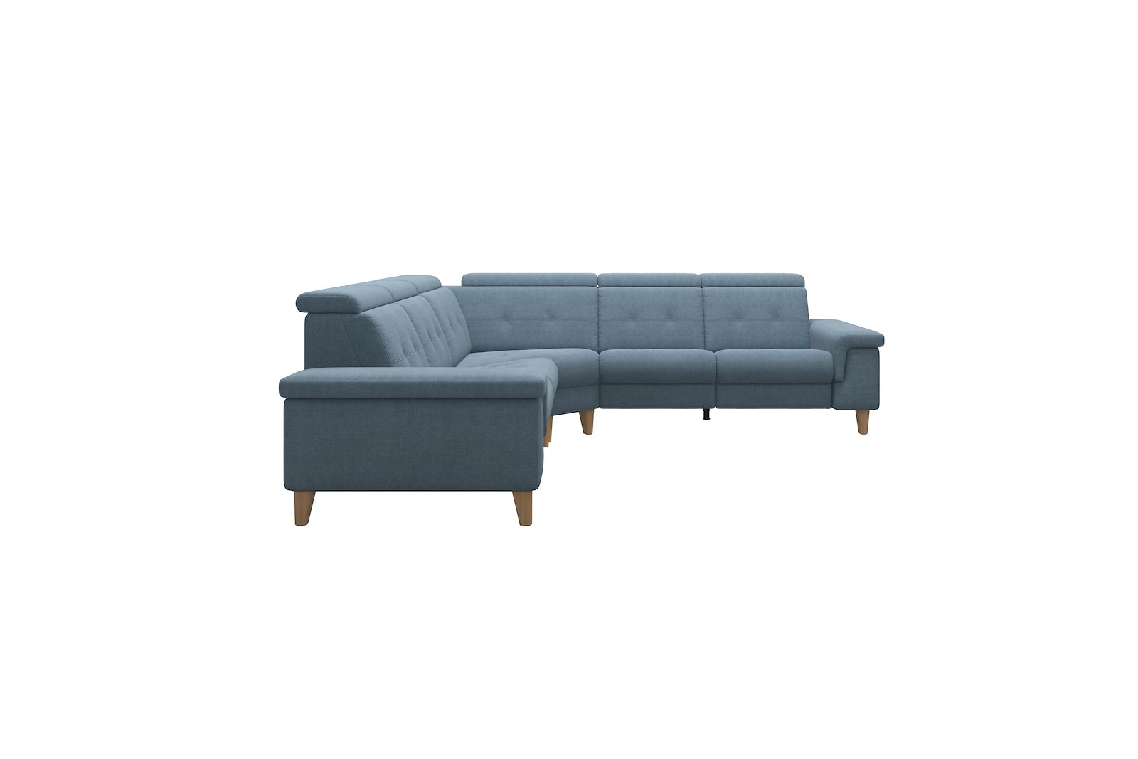 Anna C22 hjørnesofa (PMCMP) Tekstil Dahlia Light Blue med A2 arm og eikbeisede skrå ben, 14 cm. (Power-Manual-CornerManual-Manual-Power)