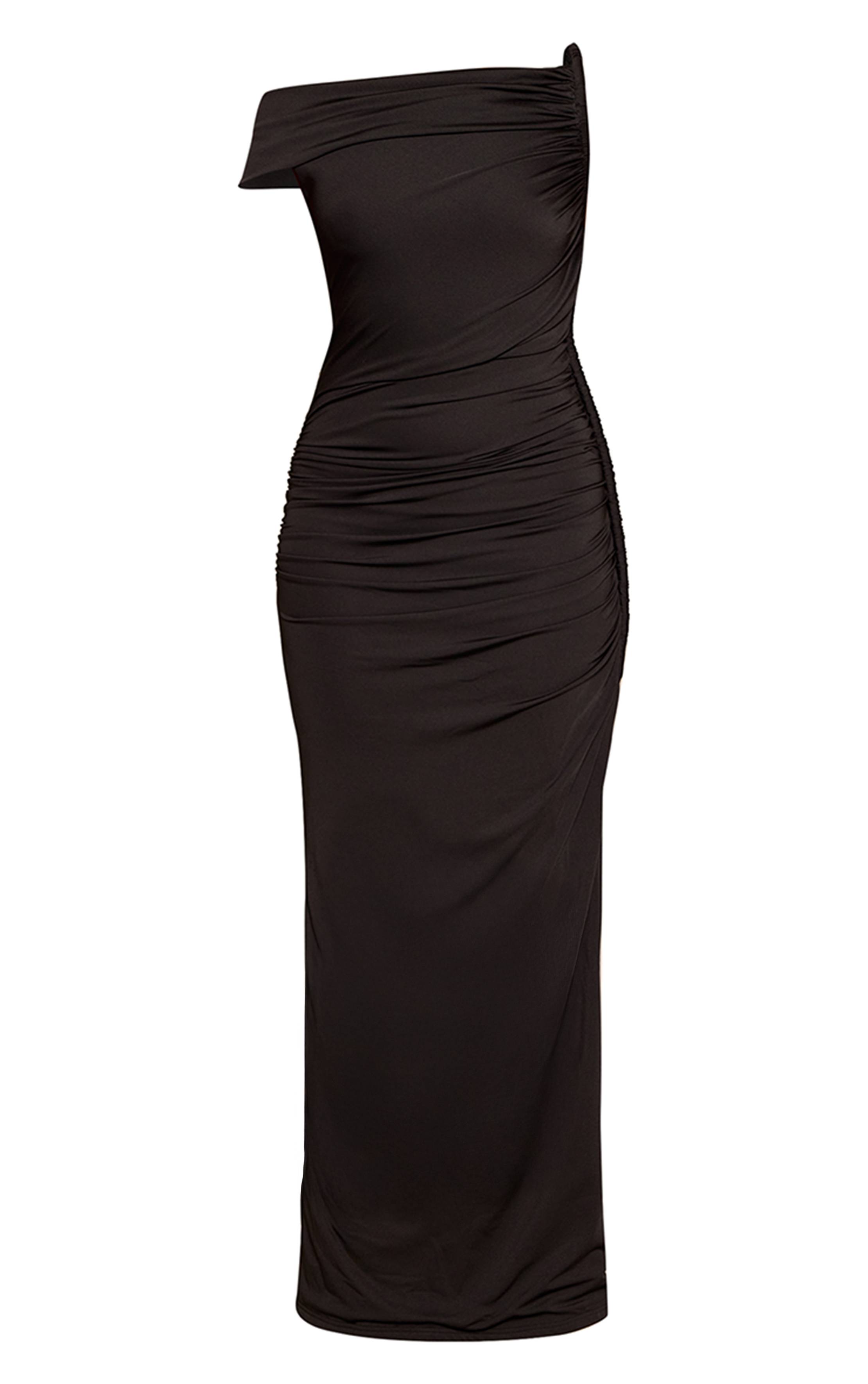 Noir Robe Longue Moulante À Détail Torsadé Aux Épaules En Tissu Satiné