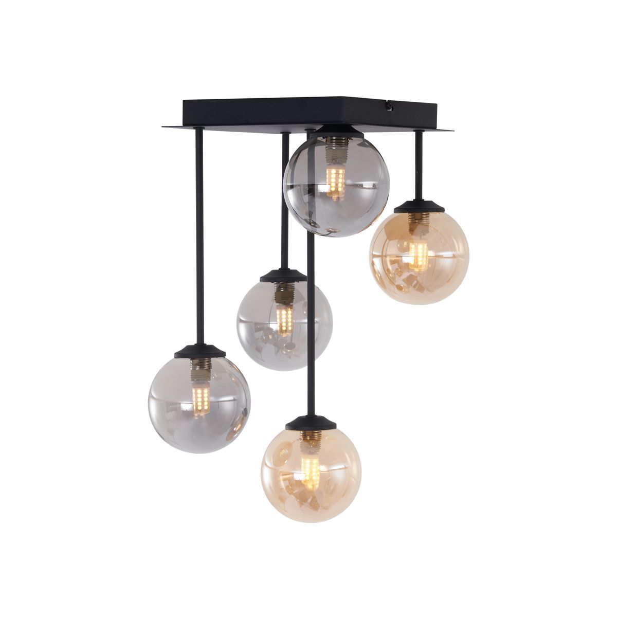 Moderne plafondlamp zwart met amber en smoke glas 5-lichts - Athens