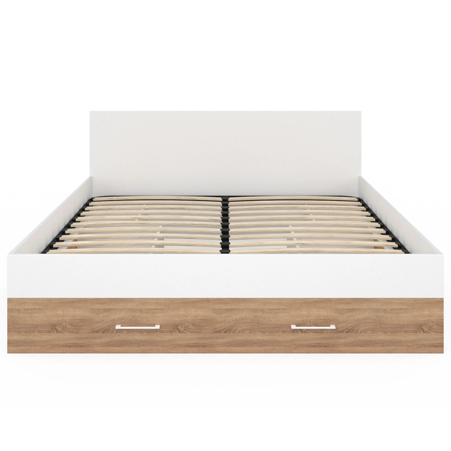 Lit double MINEA avec tiroirs + niches de rangement + tête de lit et sommier 140 x 190 cm façon hêtre et blanc