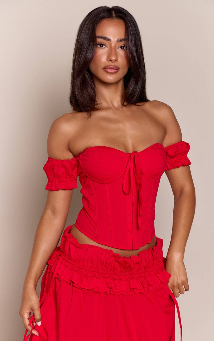 Rouge Top Corset Petite À Manches Courtes Et Liens Dans Le Dos - Ensemble Coordonné