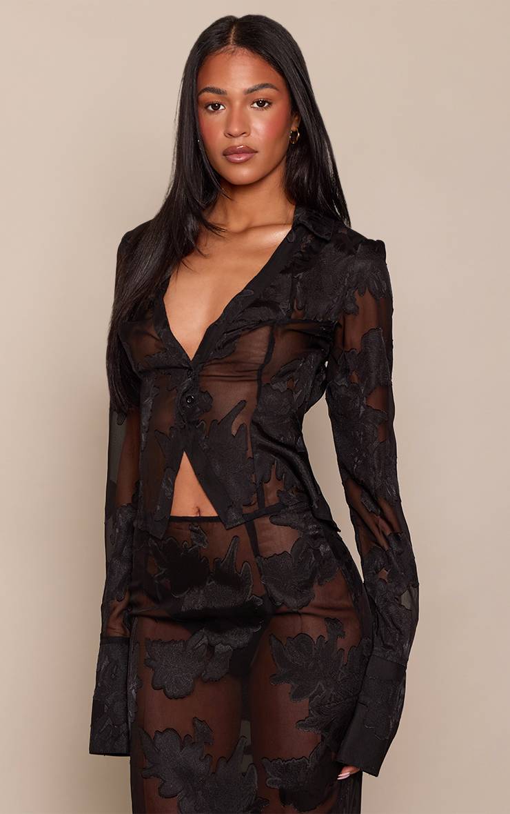Noir Chemise Ajustée Grande Taille En Mesh Transparent À Motif Floral
