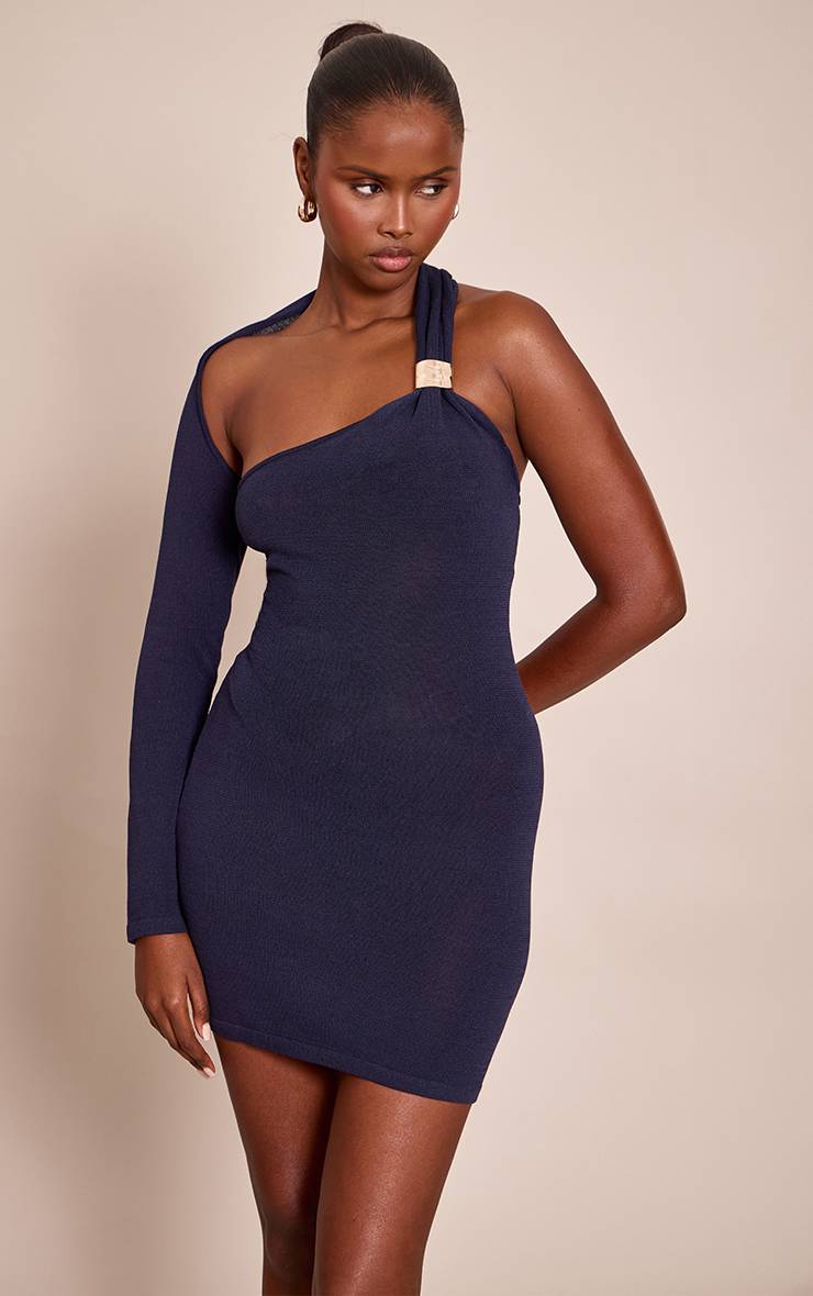 Bleu Marine Robe À Manche Unique Avec Détail De Finition