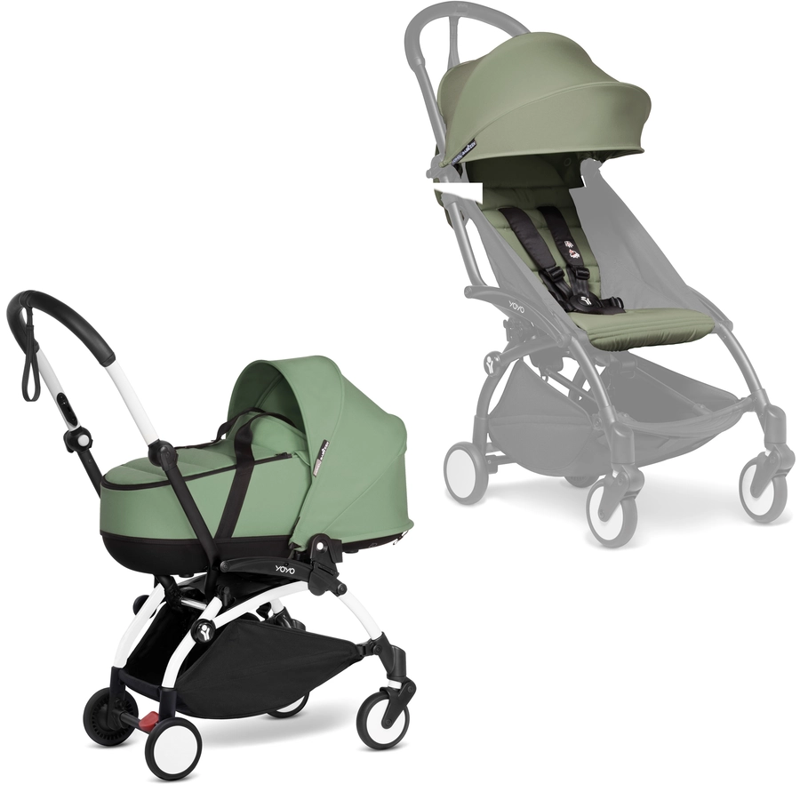 BABYZEN Kinderwagen YOYO2 0+ White mit Liegewanne Gratis Textilset Olive