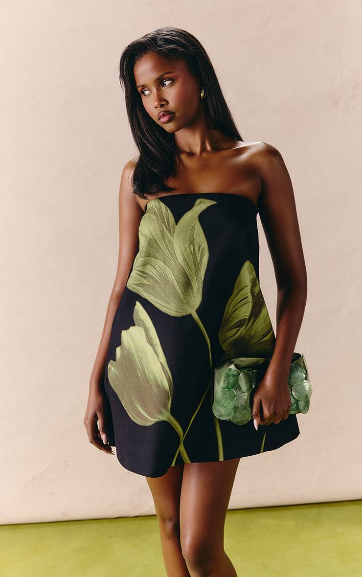 Noir Robe Mini Trapèze Tissée À Imprimé Floral