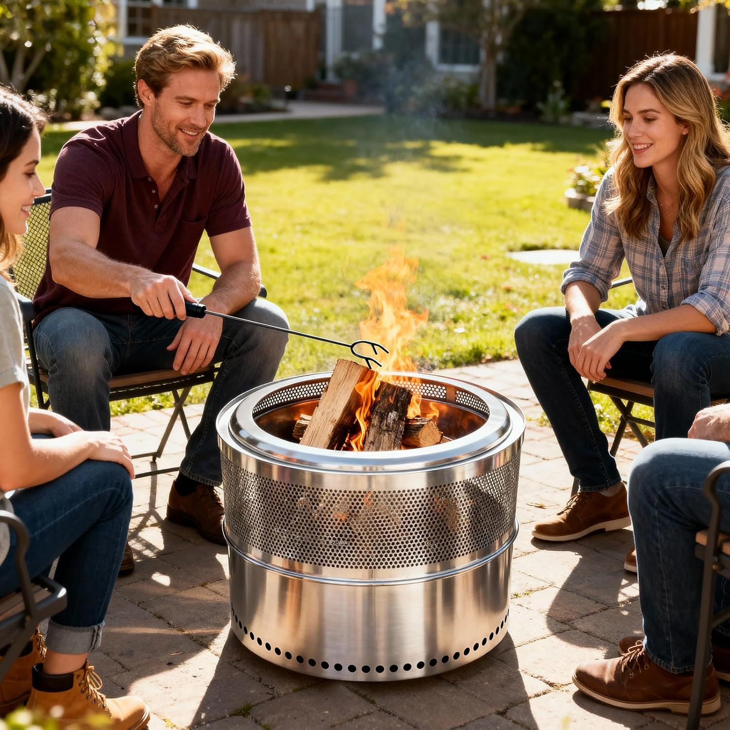 SMOOL 50cm Rauchfreie Feuerschale mit Grillrost + Schürhaken + Mehrzwecktasche, Abnehmbarer Aschekasten, Edelstahl Feuerstelle für Terrasse, Garten, Camping & Outdoor, Tragbar, Raucharm