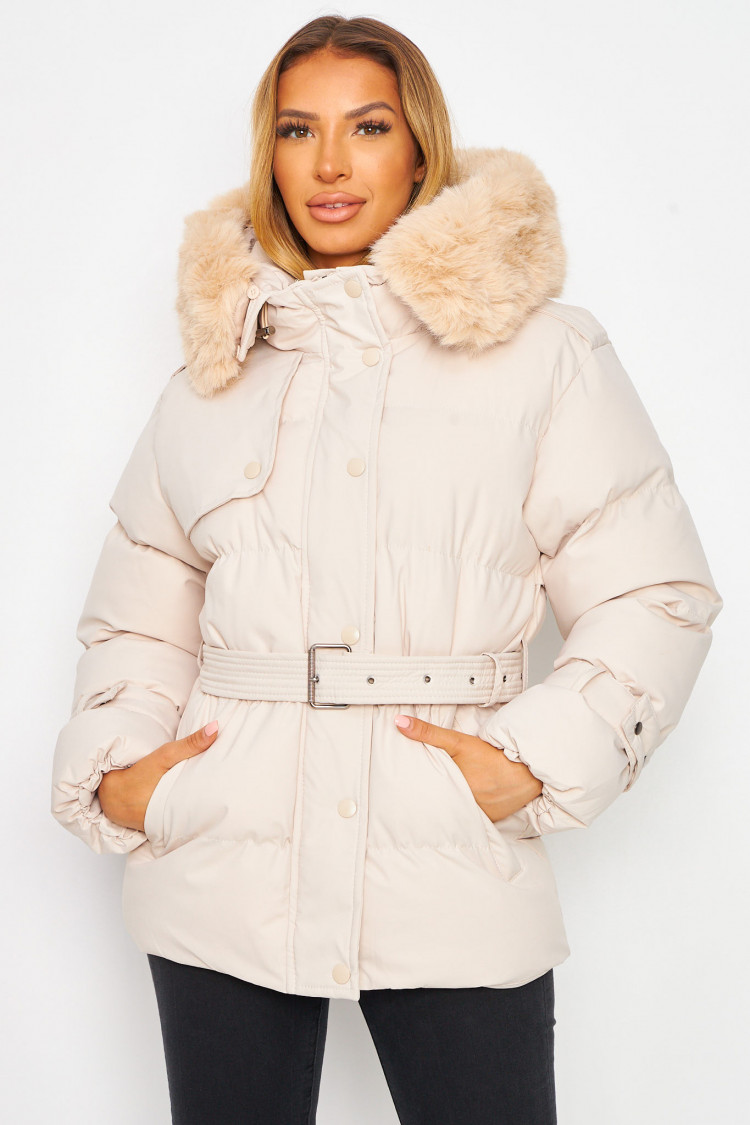 Doudoune beige ceinturée à capuche