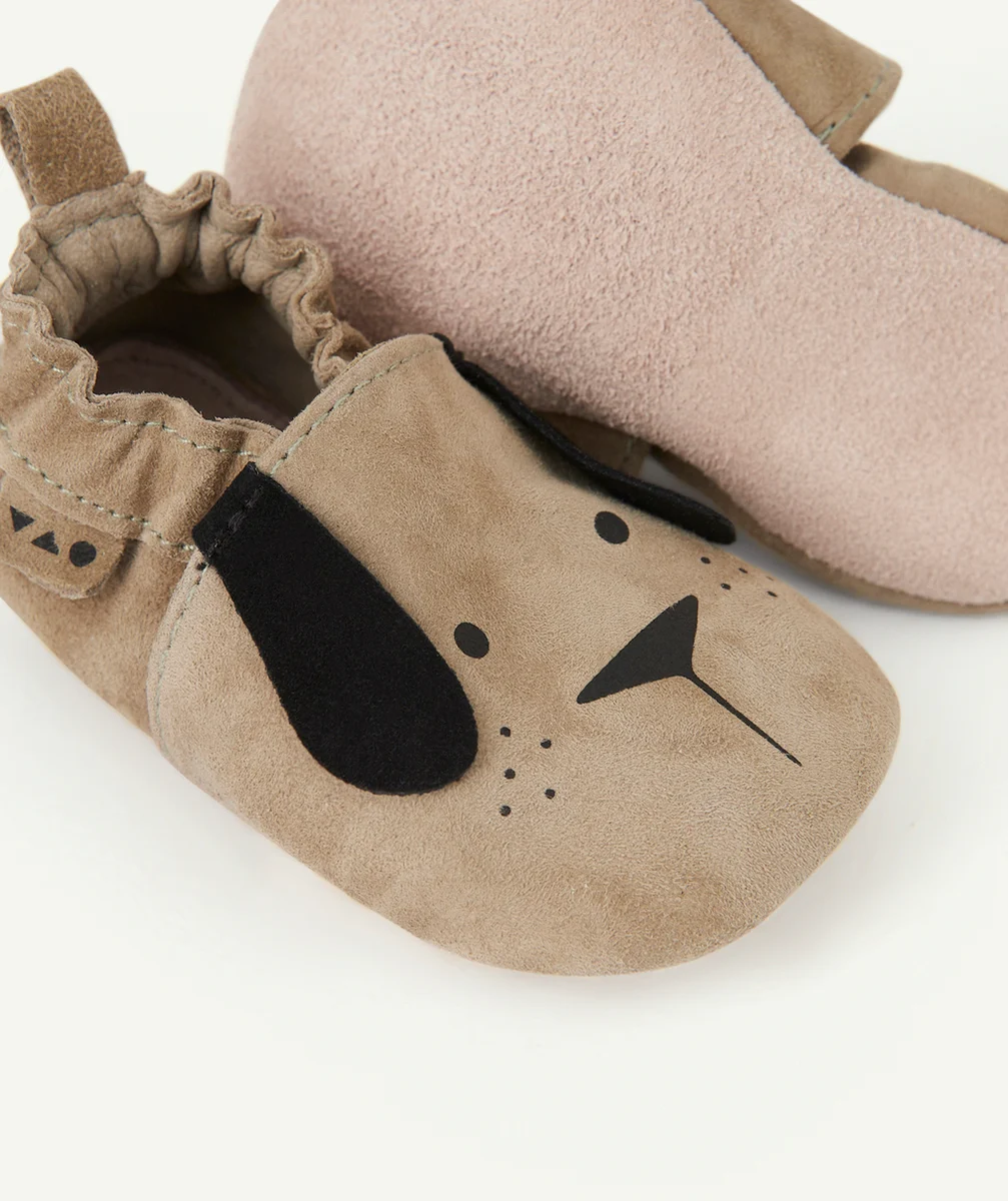 CHAUSSONS EN CUIR BÉBÉ GARÇON KAKI AVEC MOTIF CHIEN