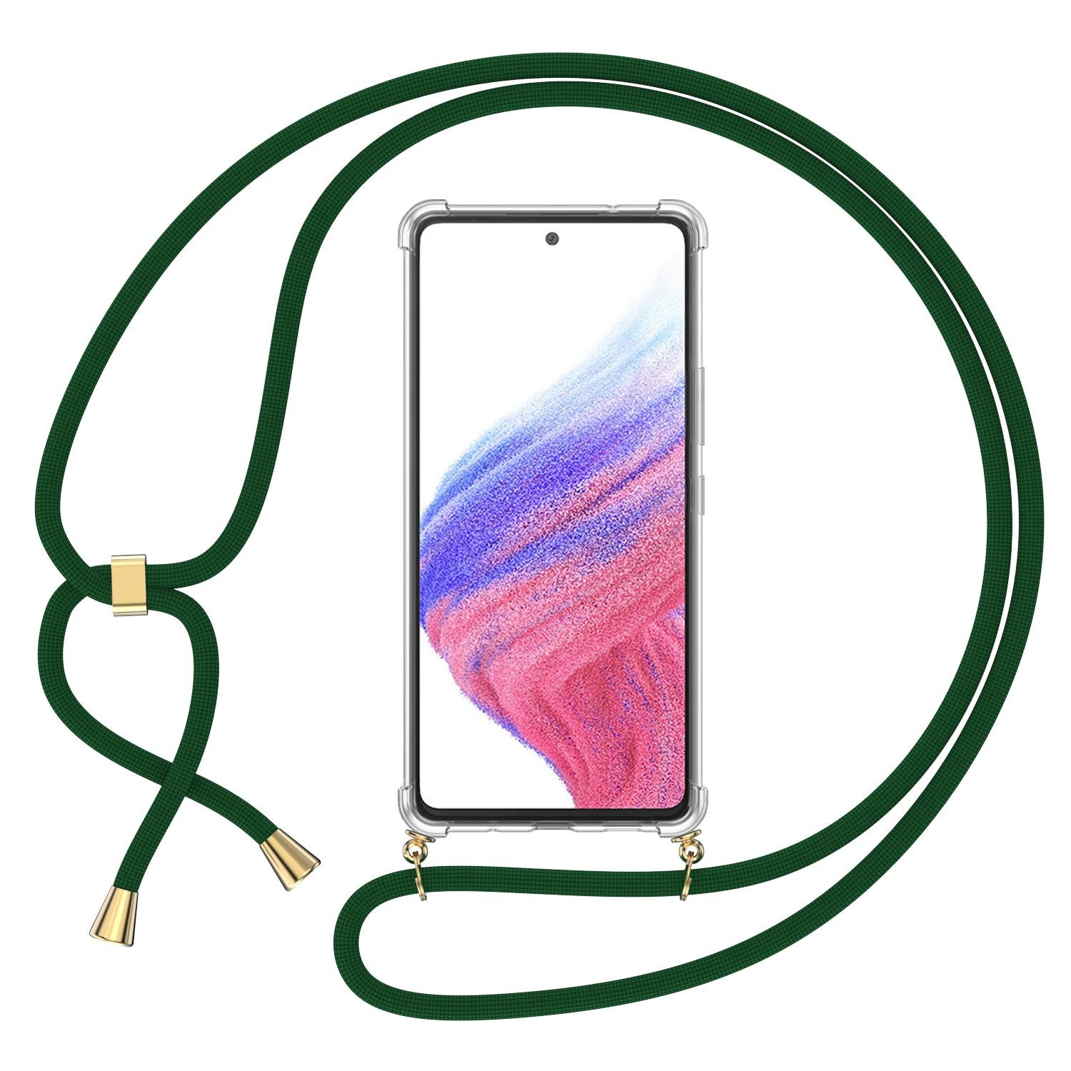 Samsung Galaxy A54 5G Necklace Gummi Hülle Air Cushion Fallschutz   Handykette (150cm) - Dunkelgrün / Gold