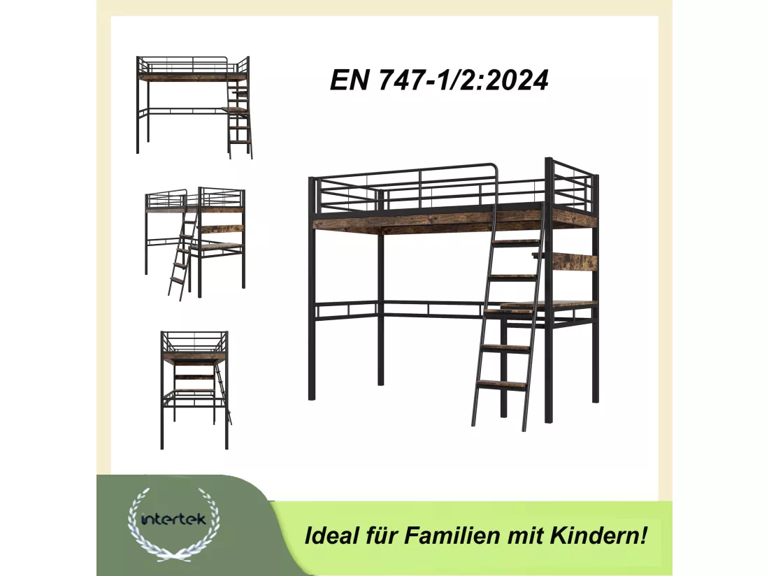 Lit mezzanine 90 x 200 cm avec bureau et étagères - Métal + MDF - Noir (sans matelas)