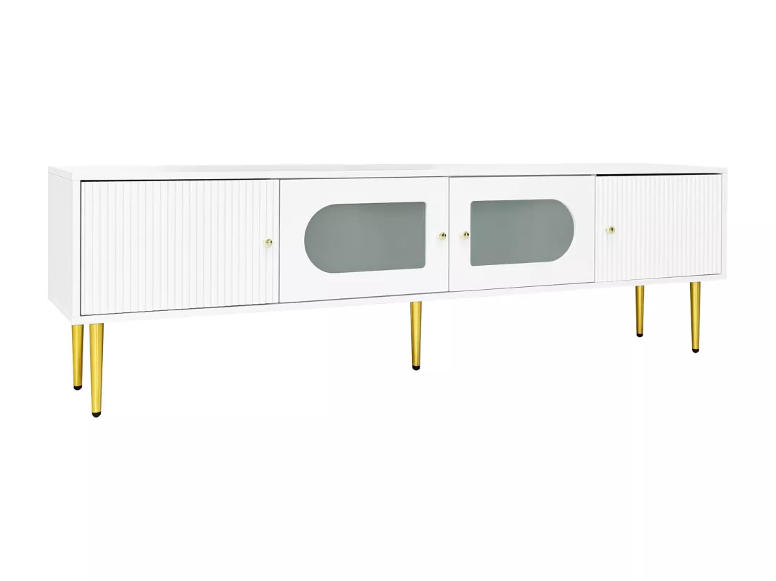 Meuble TV élégant blanc verre courbé avec pieds et poignées dorés 2 portes 170*35*50cm KACCIEN