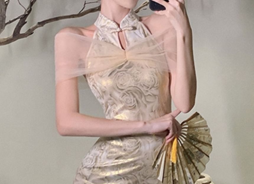 Vensazco - Traditionele Chinese halterhalskraag met bloemenprint, mesh-paneel en split, midi-mantel, qipao