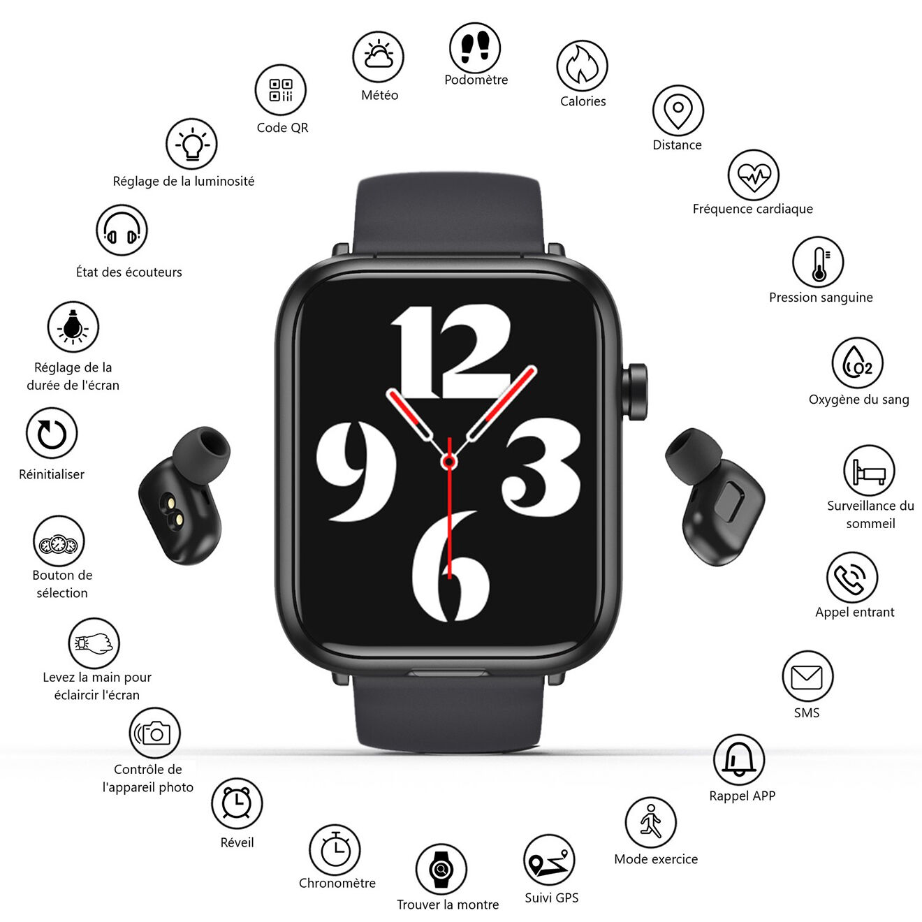 Onamaste Montre connectée  multifonctions + Écouteurs integrés noire