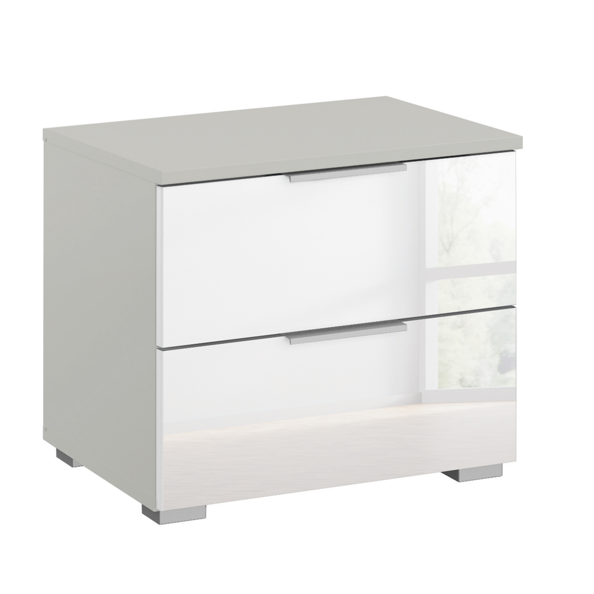Nachttisch - weiß Hochglanz-seidengrau - 2 Schubkästen - 47 cm