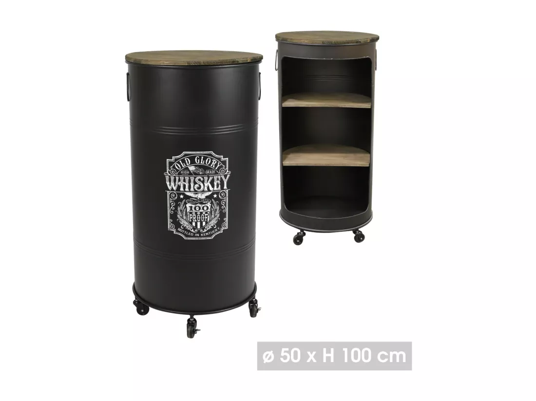 Bar bidon ouvert avec roulettes style industriel collection OLD GLORY. Diamètre 50cm, hauteur 100cmcm