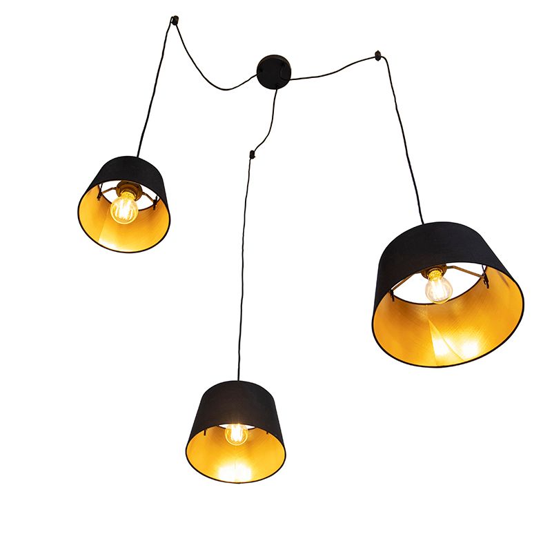 Hanglamp met 3 katoenen kappen zwart met goud - Cava