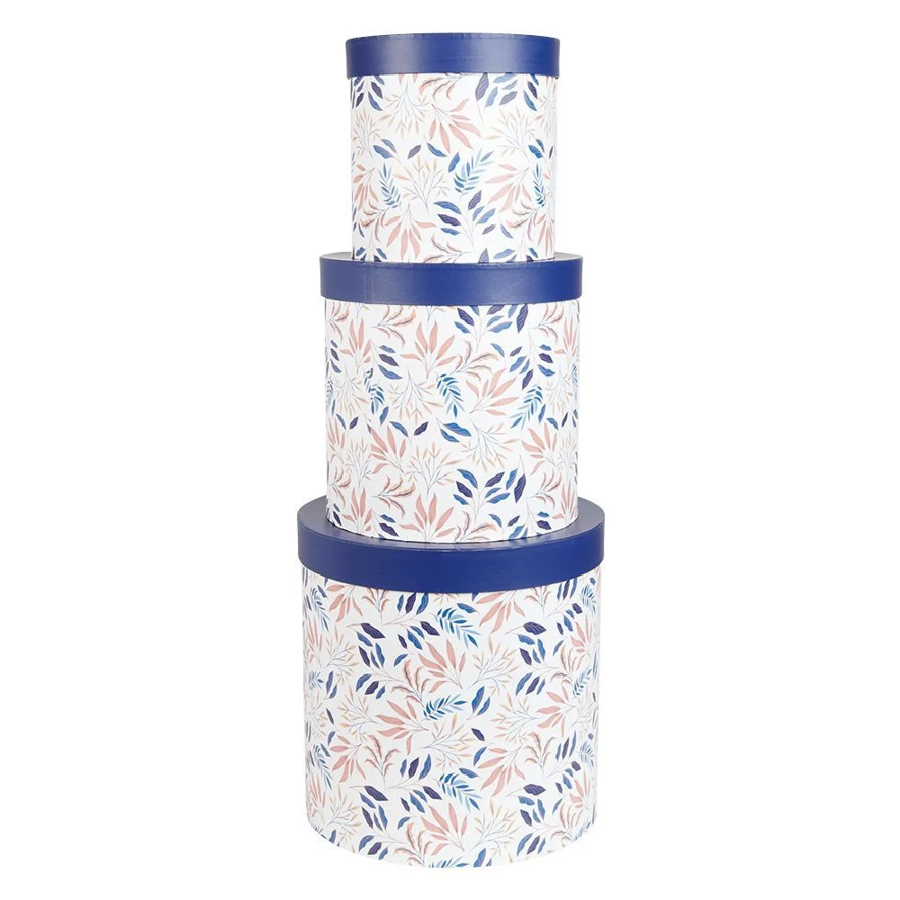 Boîte rangement ronde déco empilable motif fleuri bleu et blanc x3