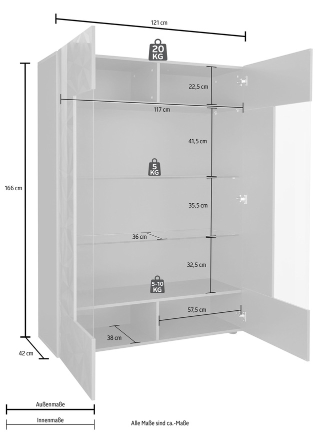 INOSIGN Vitrine »Prisma Höhe 166 cm, Breite 121 cm, Stauraumvitrine mit 2 Türen,« Standvitrine - Front mit elegantem Siebdruck, grifflos, viel Stauraum