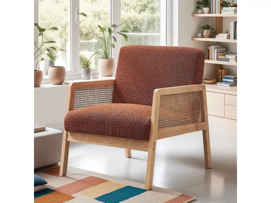 Fauteuil en cannage et tissu bouclé rouille - Mani