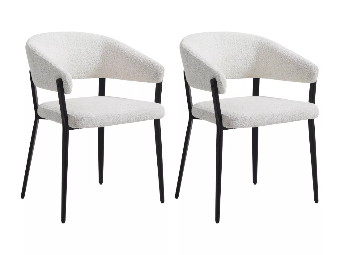 Lot de 2 chaises avec accoudoirs en tissu bouclette et métal noir - Blanc - AVRELA
