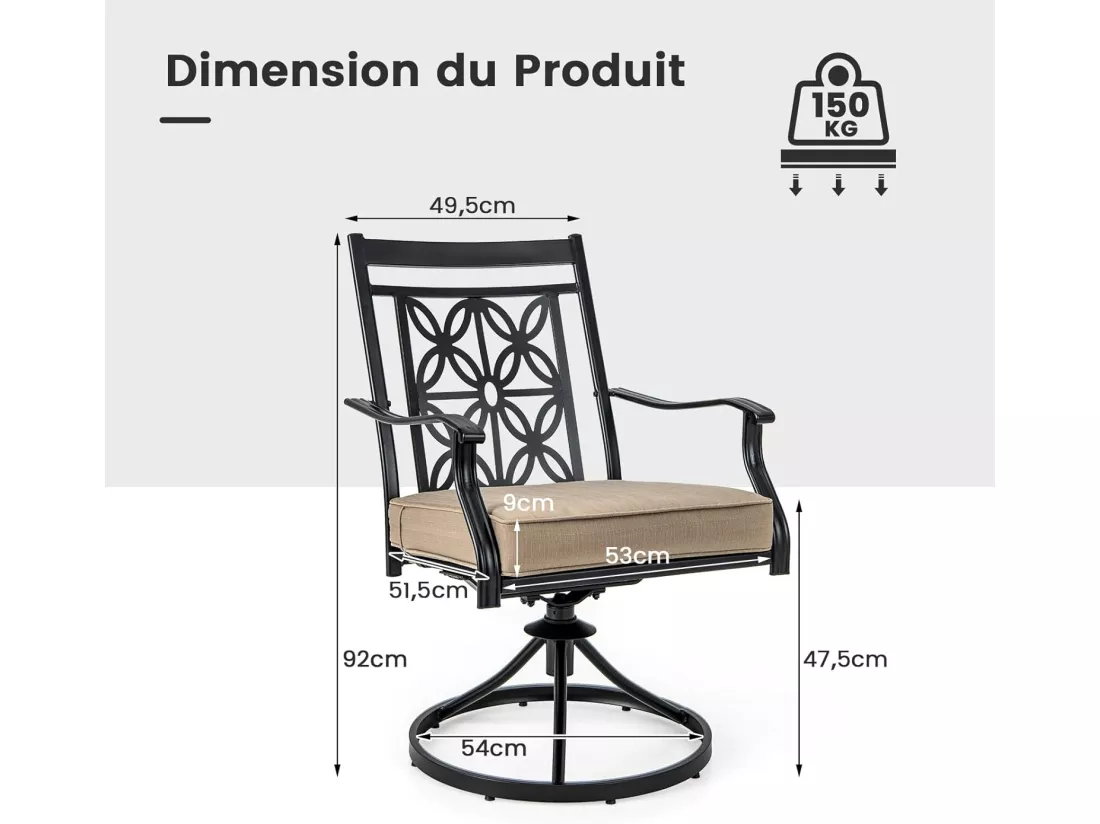 Lot de 2 Chaises de Jardin avec Coussin Amovible, Chaises Pivotantes à 360° avec Cadre en Métal, Fauteuil d'Extérieur avec Dossier à Motif Fleuri pour Cour, Patio, Charge 150 KG (Style 1)