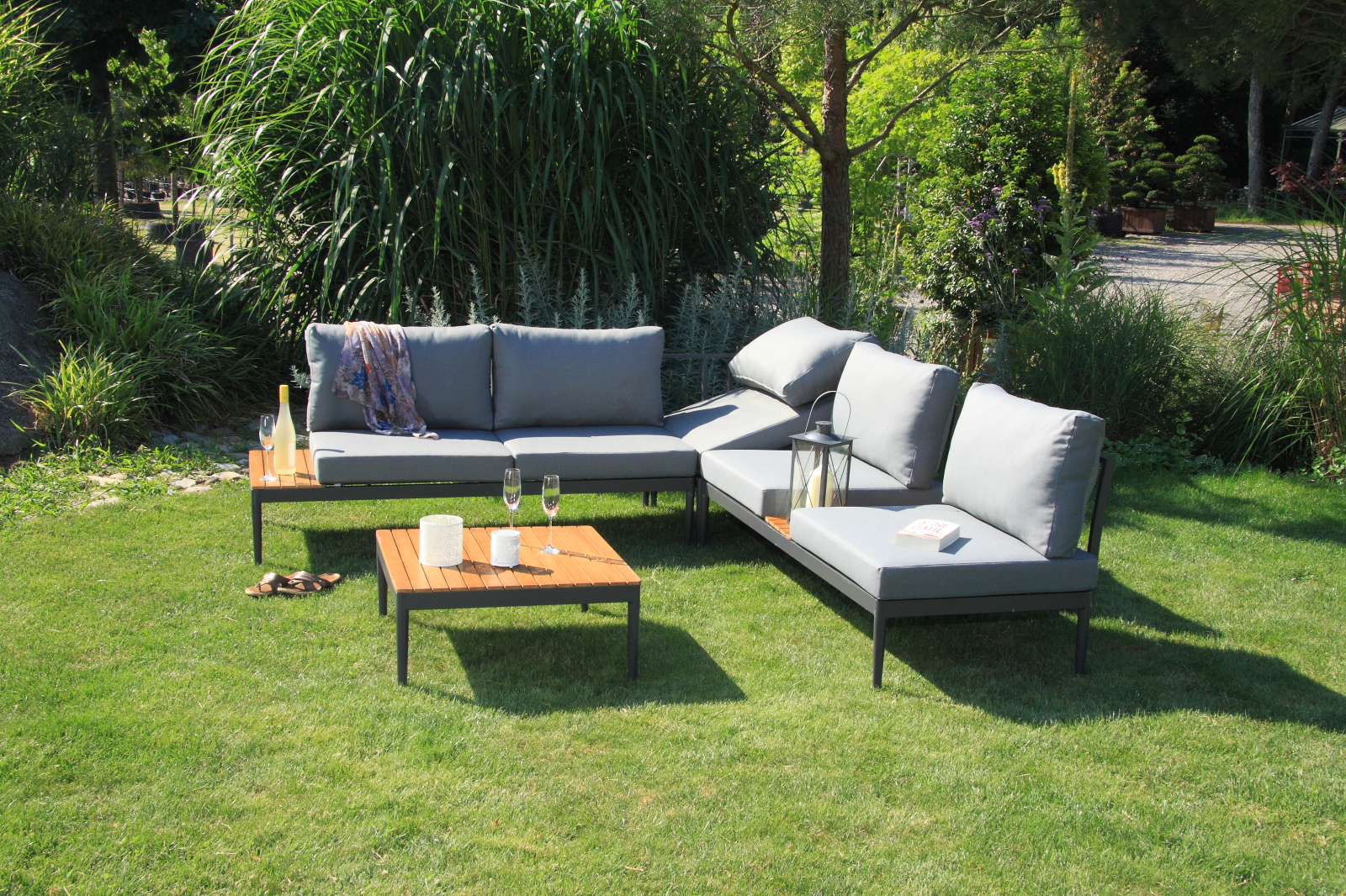 Lounge-Gartenmöbel-Set - teakfarben-grau - Akazie massiv