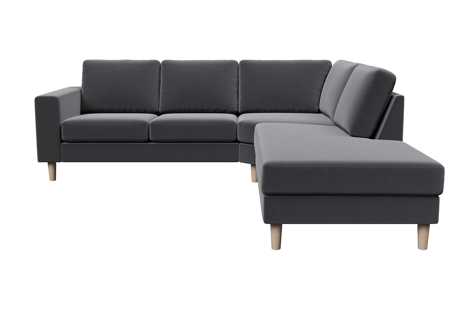 Hedda sofa Hjørnesofa 2,5-seter åpen ende høyre i tekstil Matt Velvet 97 grey, arm F 18 cm og ben 1 hvitoljet eik.