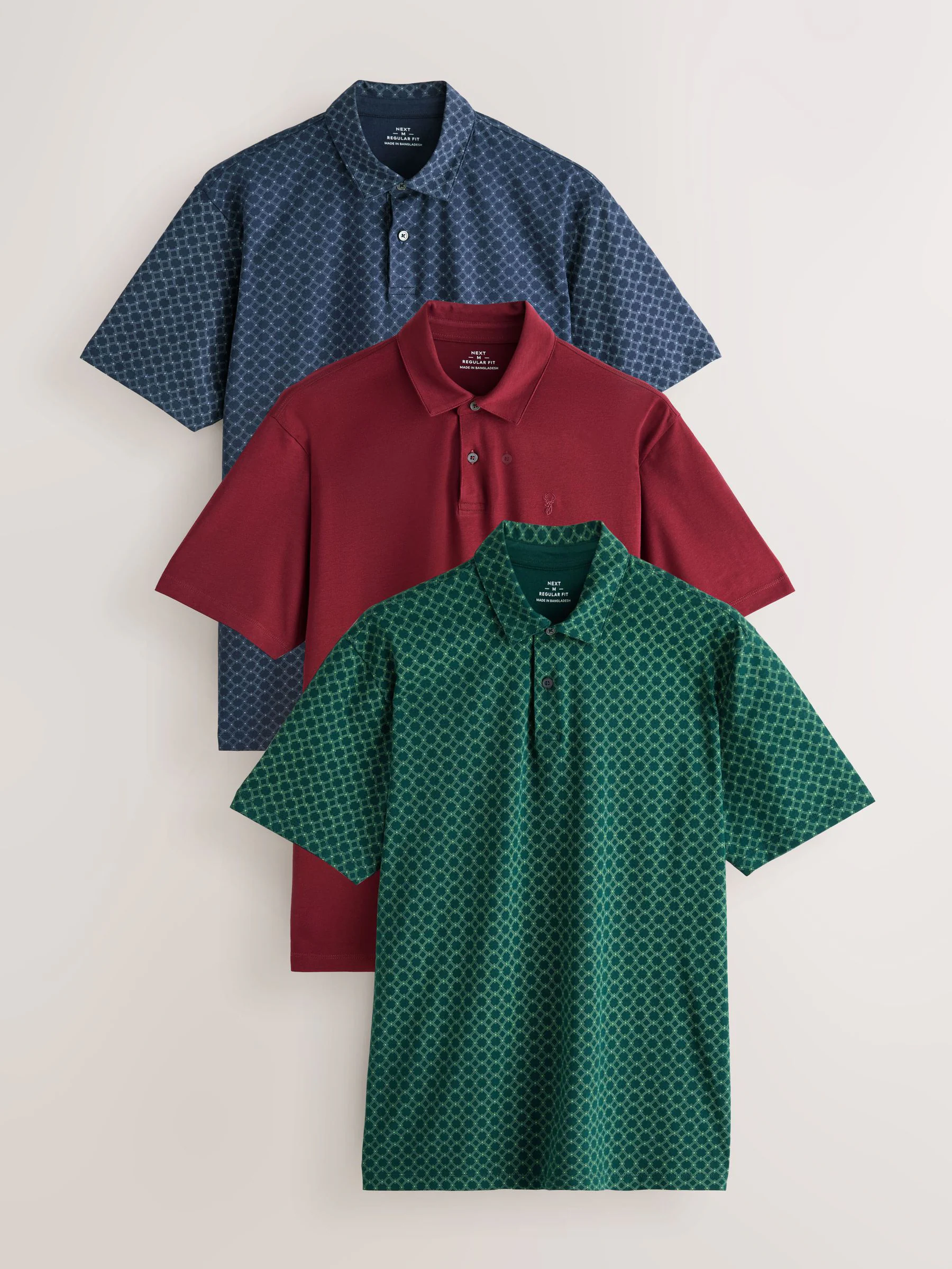 Marineblauw/groen/bordeauxrood/geometrisch - Set van 3 jersey poloshirts met korte mouwen