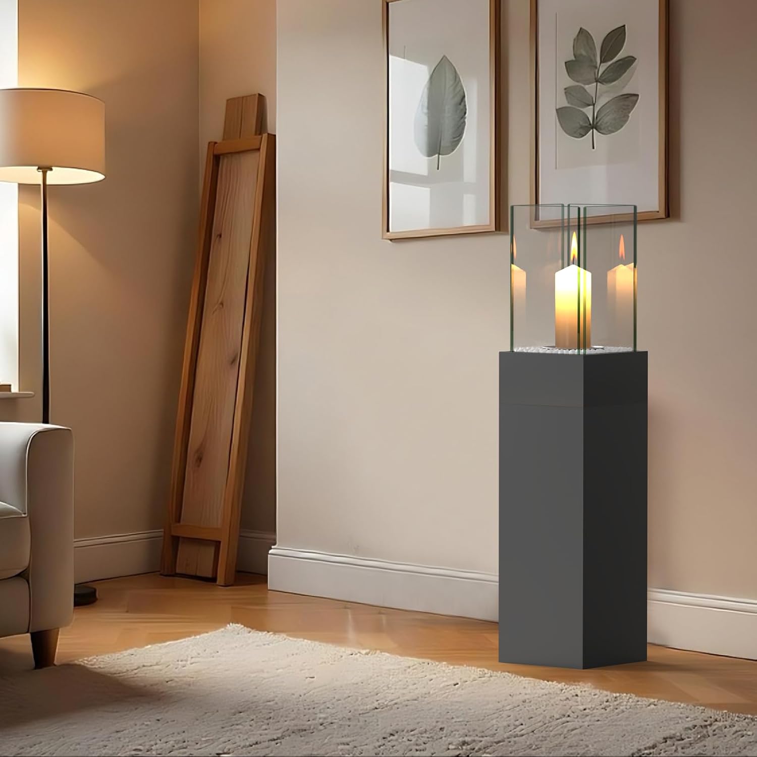 4-in-1 Windlicht Säule Hoch 89 cmTerressenfeuer fur Indoor und Outdoor,Deko Laterne mit Deko-Steine,Tischfeuer Windlicht StandKamin und pflanzkübel bodenvase groß All in One (Schwarz)
