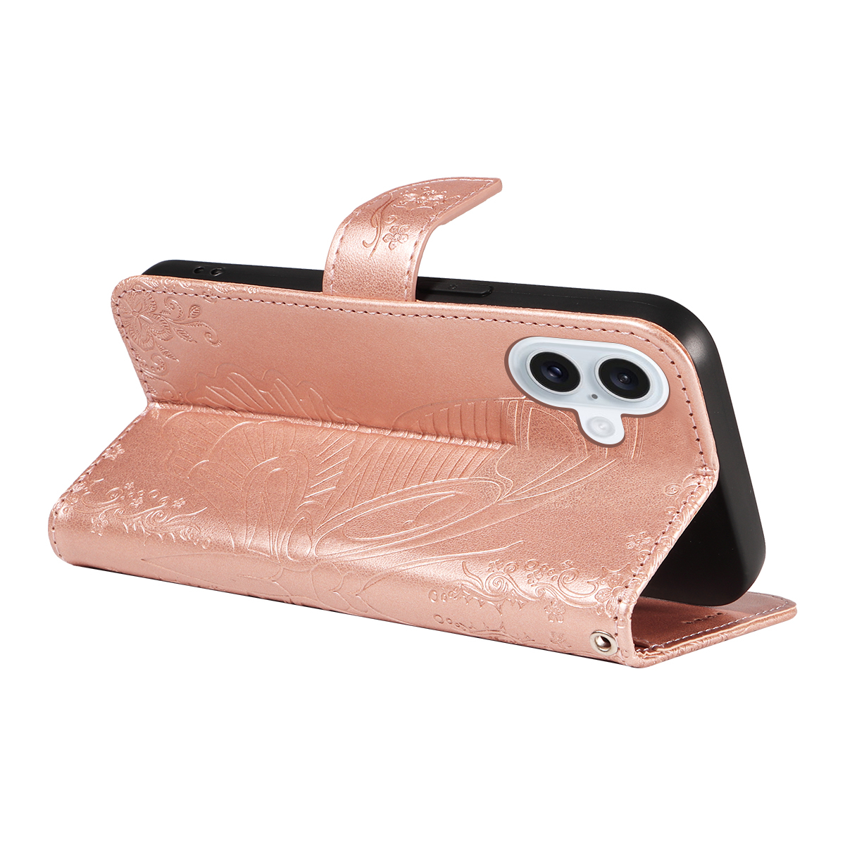 iPhone 17 Leder Tasche Flip Cover Schmetterlinge Imprint - Roségold