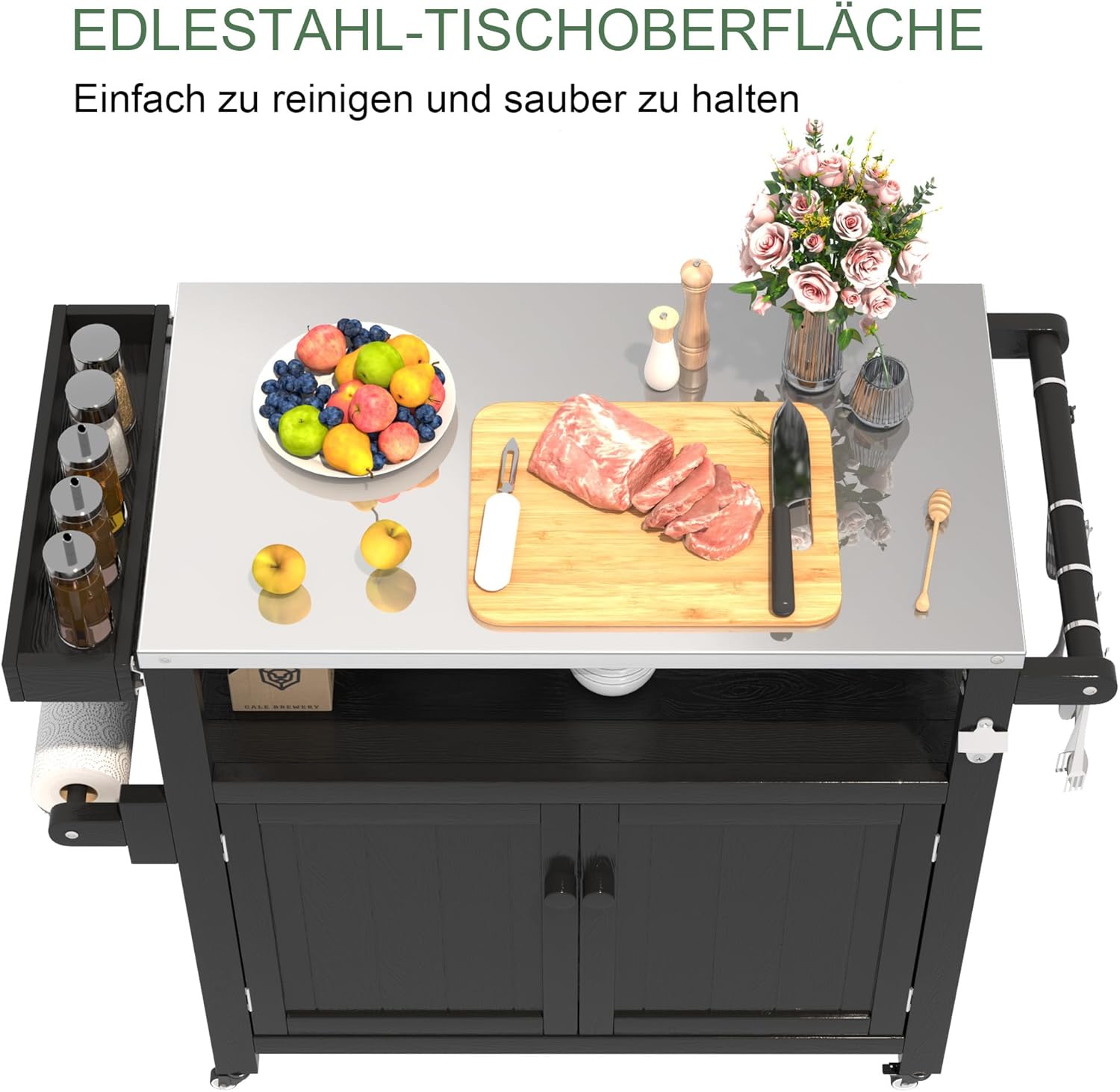 Wetterfeste HIPS Outdoor Kücheninsel mit Edelstahlplatte & Aufbewahrungsschrank, bewegliche Vorbereitungstisch mit Rädern für BBQ-Zubereitung, Outdoor Grillwagen für Parties, Schwarz