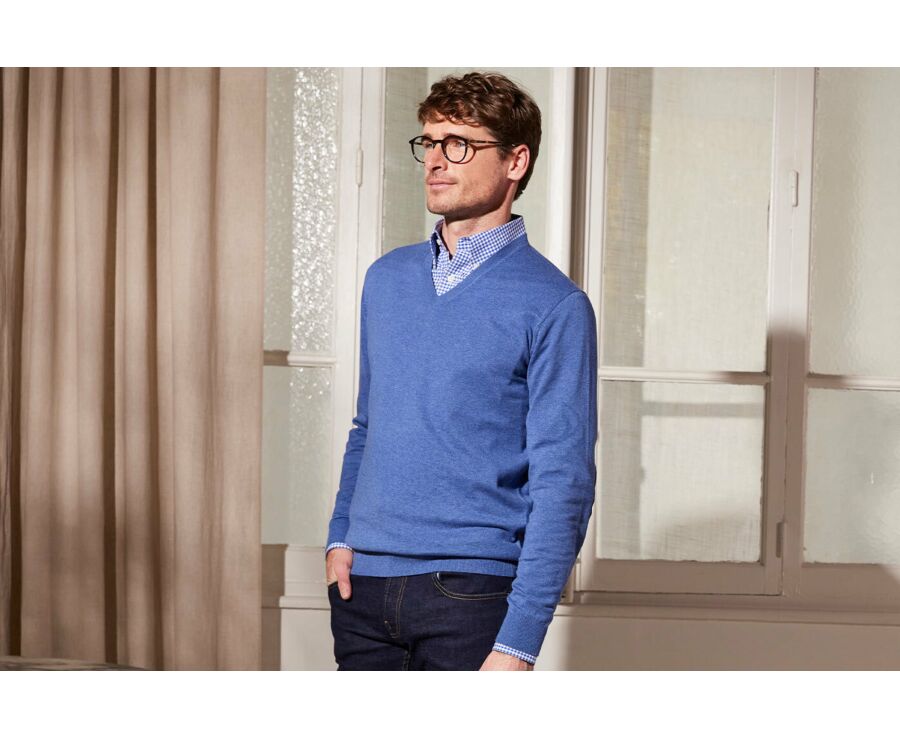 Pull fin coton bio/cachemire col V Bleu - VADIM