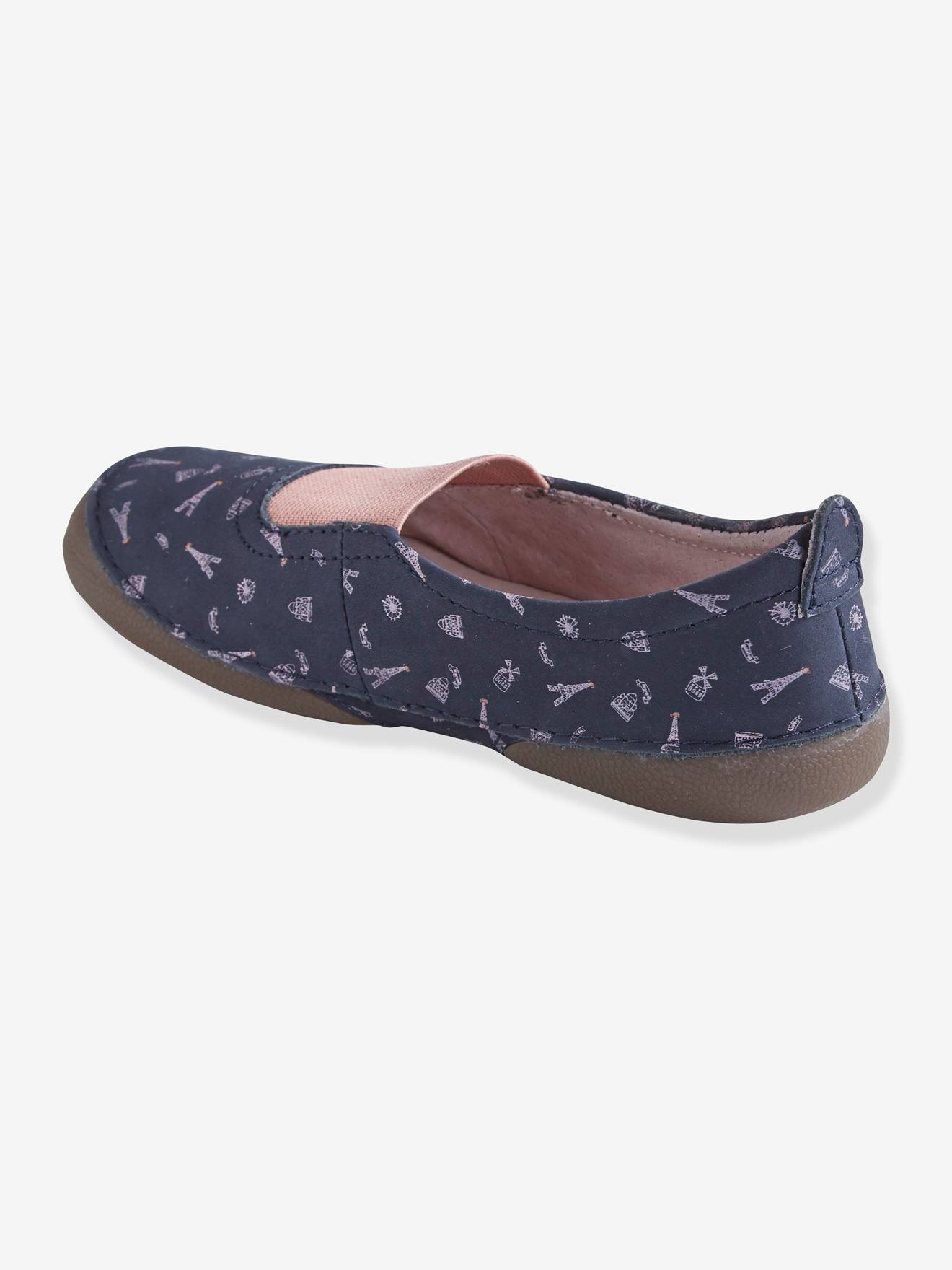 Chinelo de couro estampado com elástico para meninas, estampa azul escura
