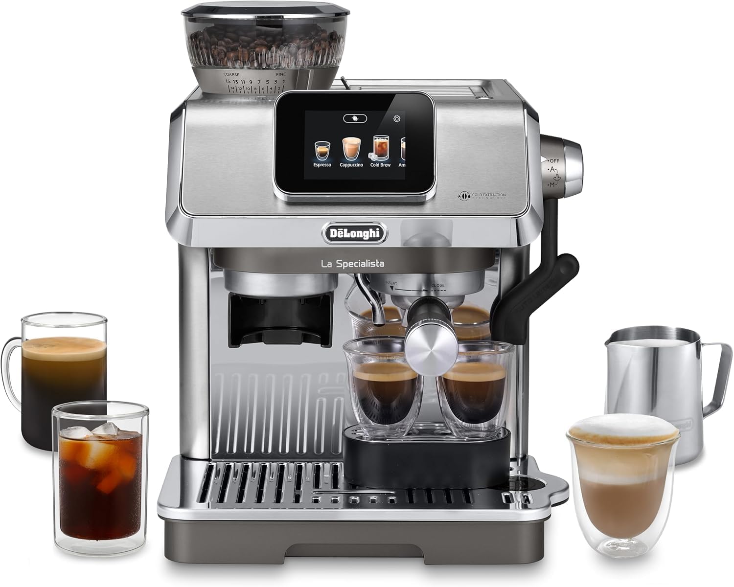 De'Longhi La Specialista Touch - Perfetto Siebträgermaschine Espressomaschine mit Mahlwerk, 10 Getränke, Cold Brew, automatische und manuelle Milchaufschäumung, Touchscreen, Metall (EC9455.M)