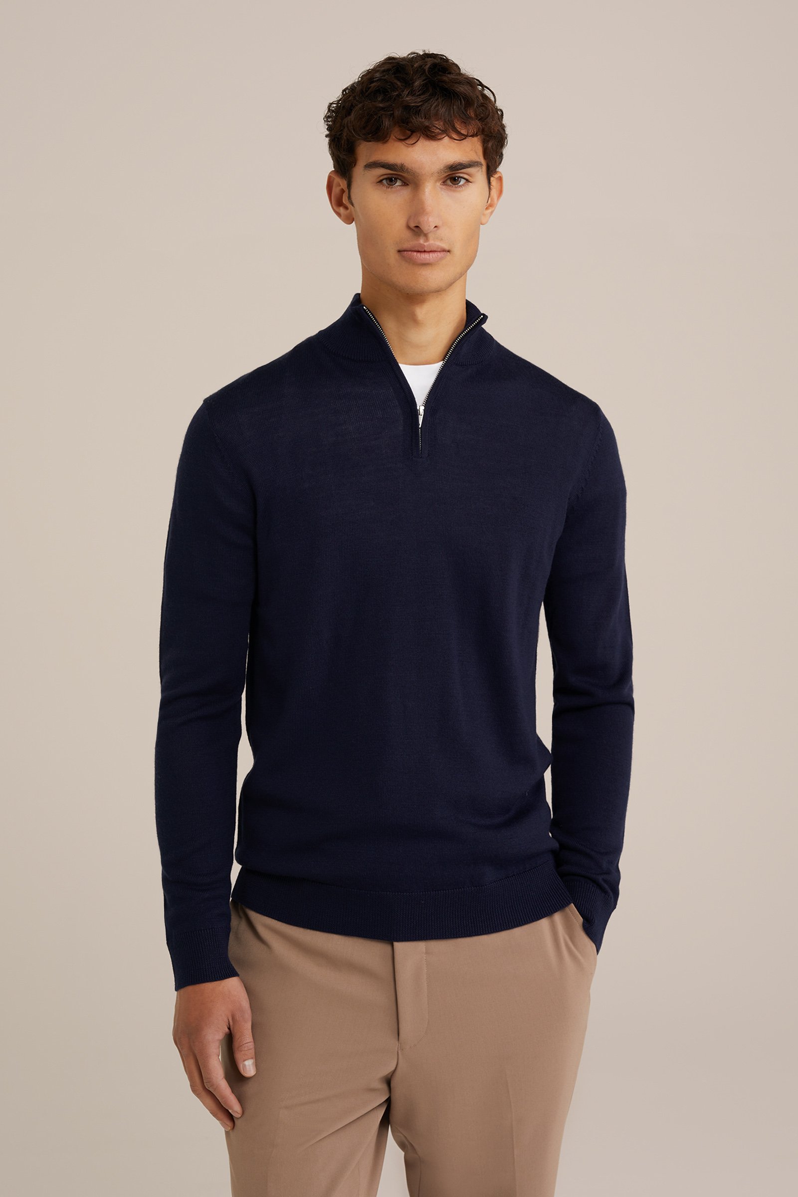 trui met rits van merinowol Fundamentals Marineblauw