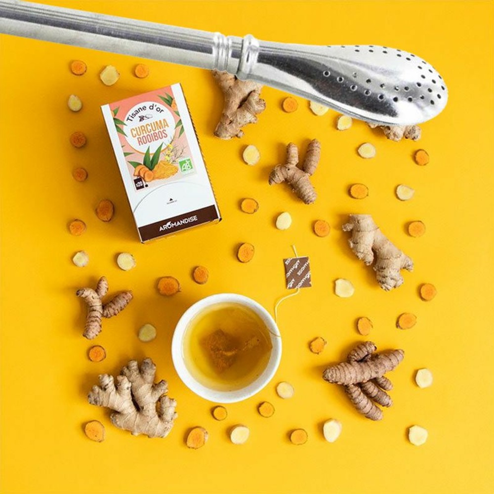 Tisane d'or bio curcuma rooibos 20 sachets + paille inox avec filtre
