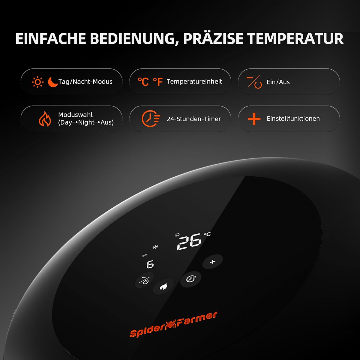 Spider Farmer Heizlüfter,540W Heizung Intelligente Temperaturregelung Energiesparend Leise,4 Modi und 24 Std. Timer, 10-PTC Heizung und Lüftungsrohr, Geeignet für Pflanzenräume und Growzelte
