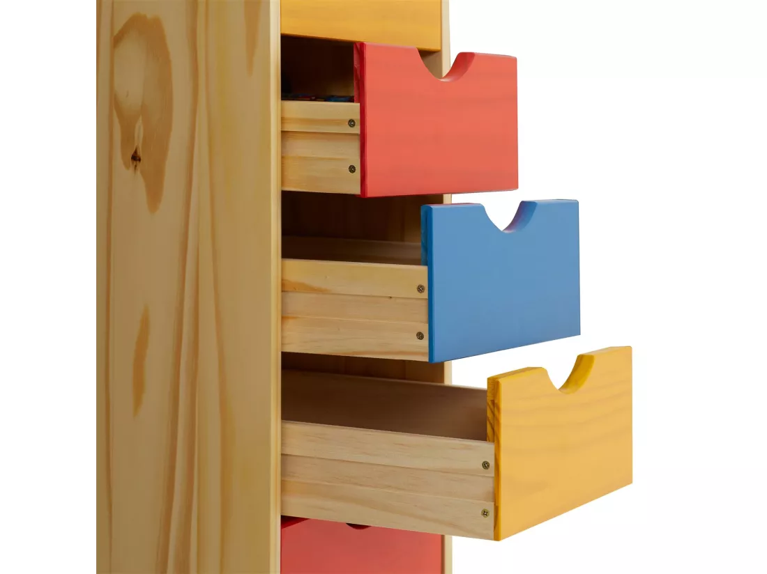 Caisson de bureau LAGOS meuble de rangement sur roulettes avec 5 tiroirs, en pin massif lasuré multicolore jaune rose et bleu