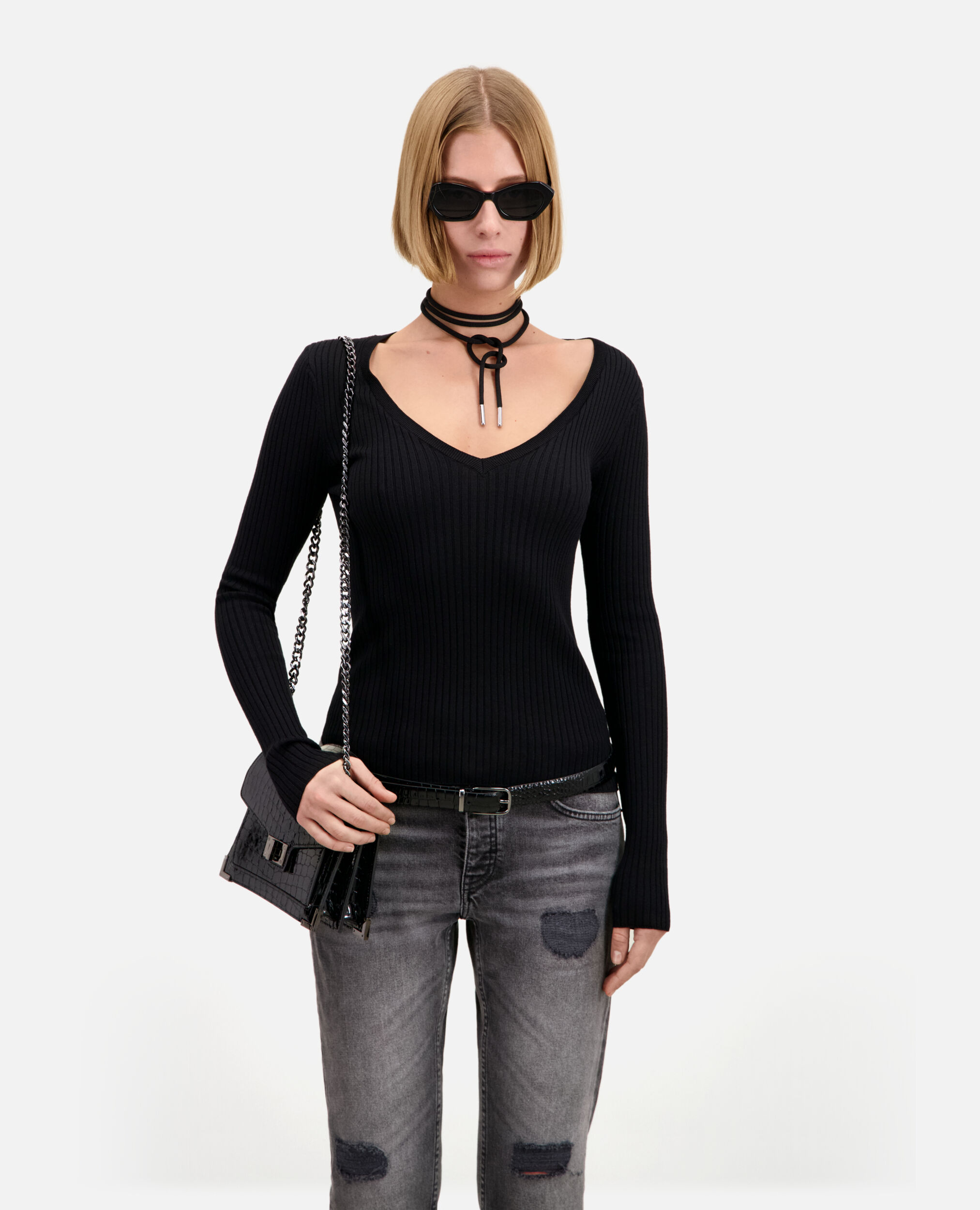Black ribbed fine knit sweater