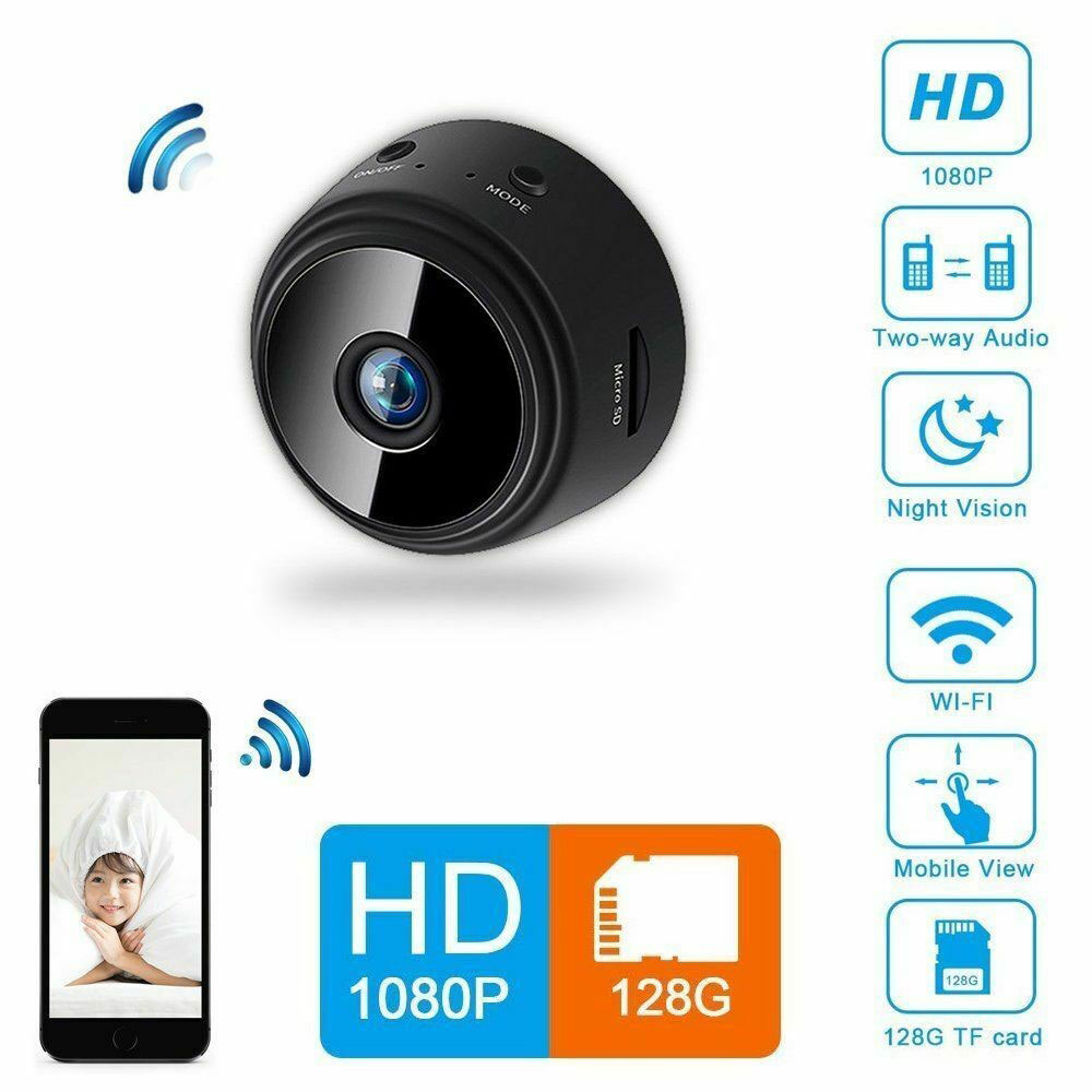 Mini WiFi IP Kamera FullHD 1080p Infrarot LED's Nachtsichtfunktion mit Akku (240mAh) und Micro SD Kartenslot   Halterung iOS/Android - Schwarz