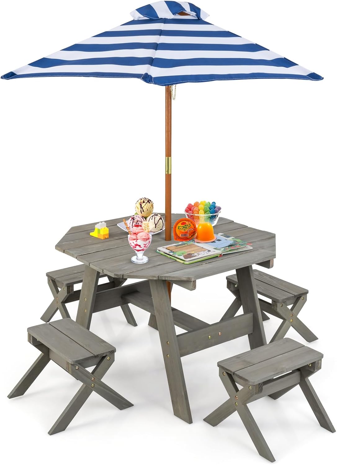 COSTWAY Kindersitzgruppe Outdoor, Kinder Picknicktisch mit 4 Stühlen und Sonnenschirm, Kindersitzgarnitur aus Holz, Sitzgarnitur, Sitzgruppe, Gartenmöbel für Garten, Hinterhof, Terrasse (Grau)