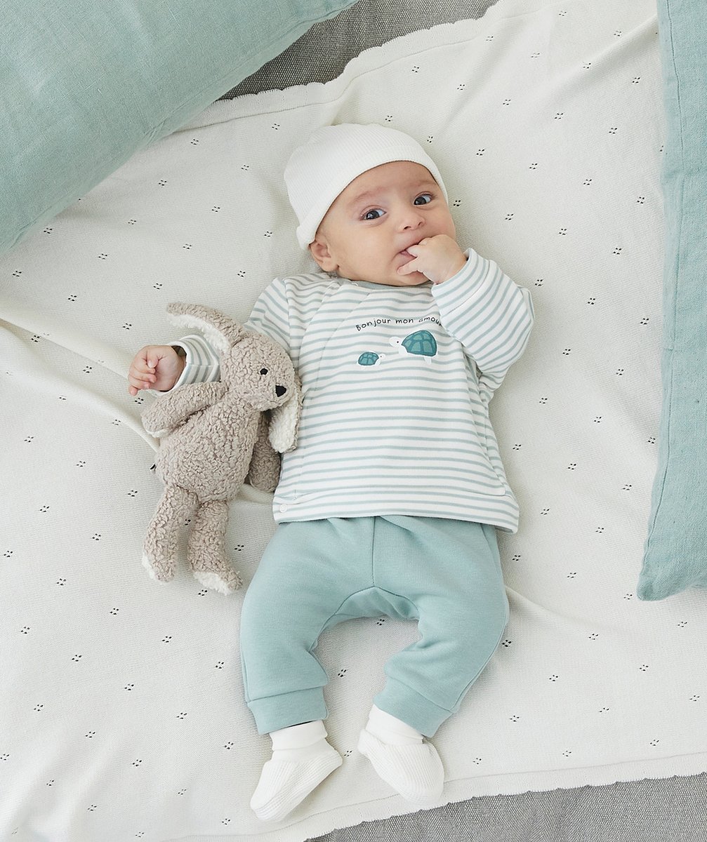 ENSEMBLE MOLLETON BÉBÉ EN FIBRES RECYCLÉES VERT D'EAU À RAYURES AVEC TORTUES