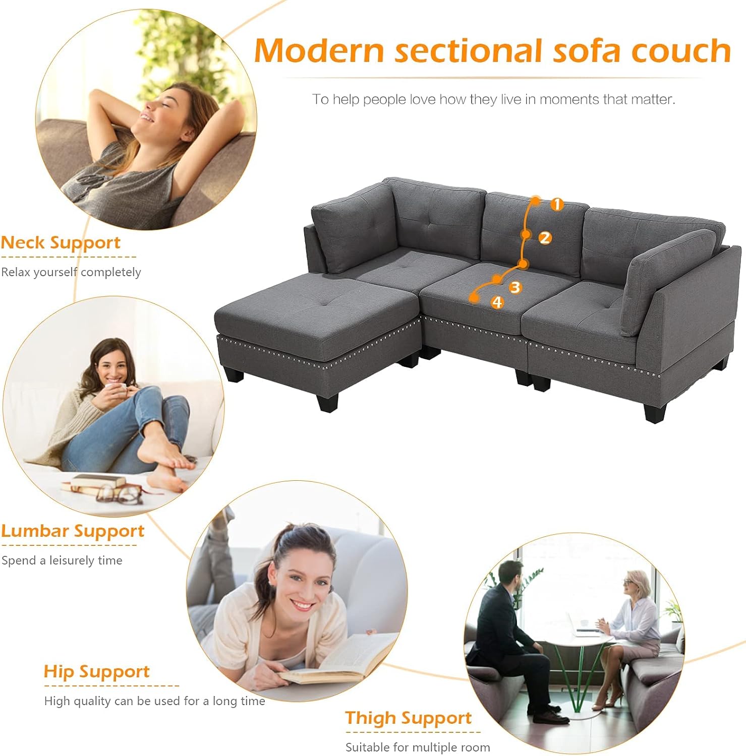 YODOLLA Ecksofa mit Schlaffunktion, L-Form Sofa Couch mit Bettkasten freistehend, 3-Sitzer Eckcouch, Schlafsofa für Wohnzimmer, Grau (Hocker Flexible beweglichkeit)