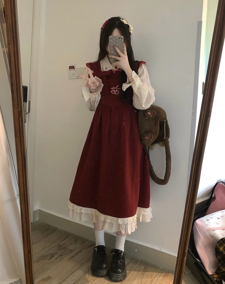 Autuna - Kersen geborduurd shirt / Midi-jurk / Set