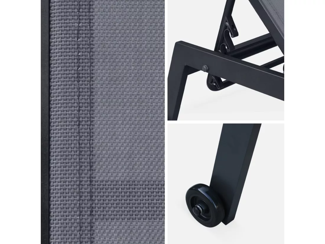 Lot de 2 bains de soleil ELSA en aluminium gris anthracite et textilène gris taupe. transats multi positions avec roulettes