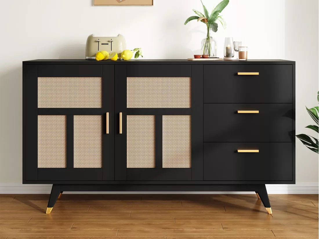 Buffet 160x40x87cm - avec 2 portes en rotin et 3 tiroirs - Noir
